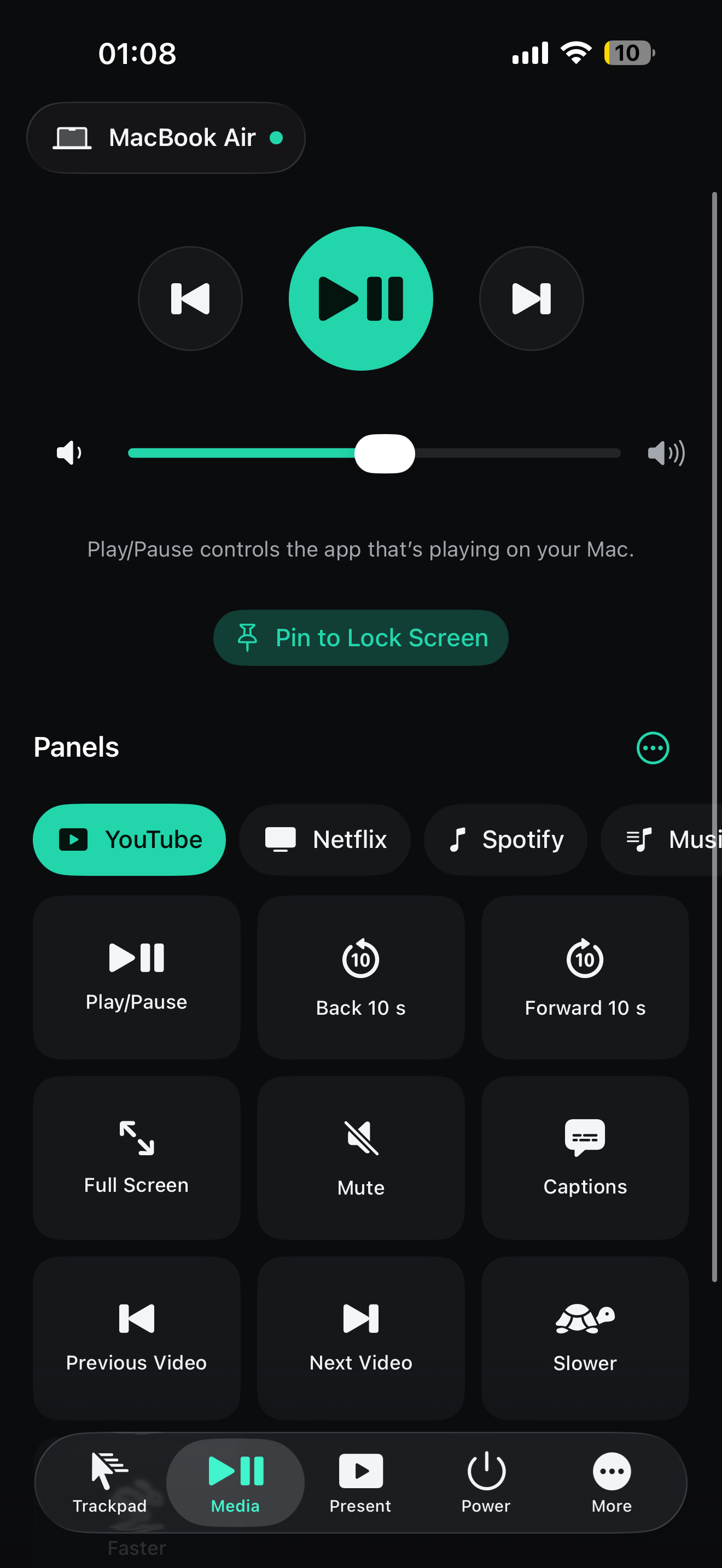 Pilot Media screen with playback and volume controls and a YouTube shortcut panel