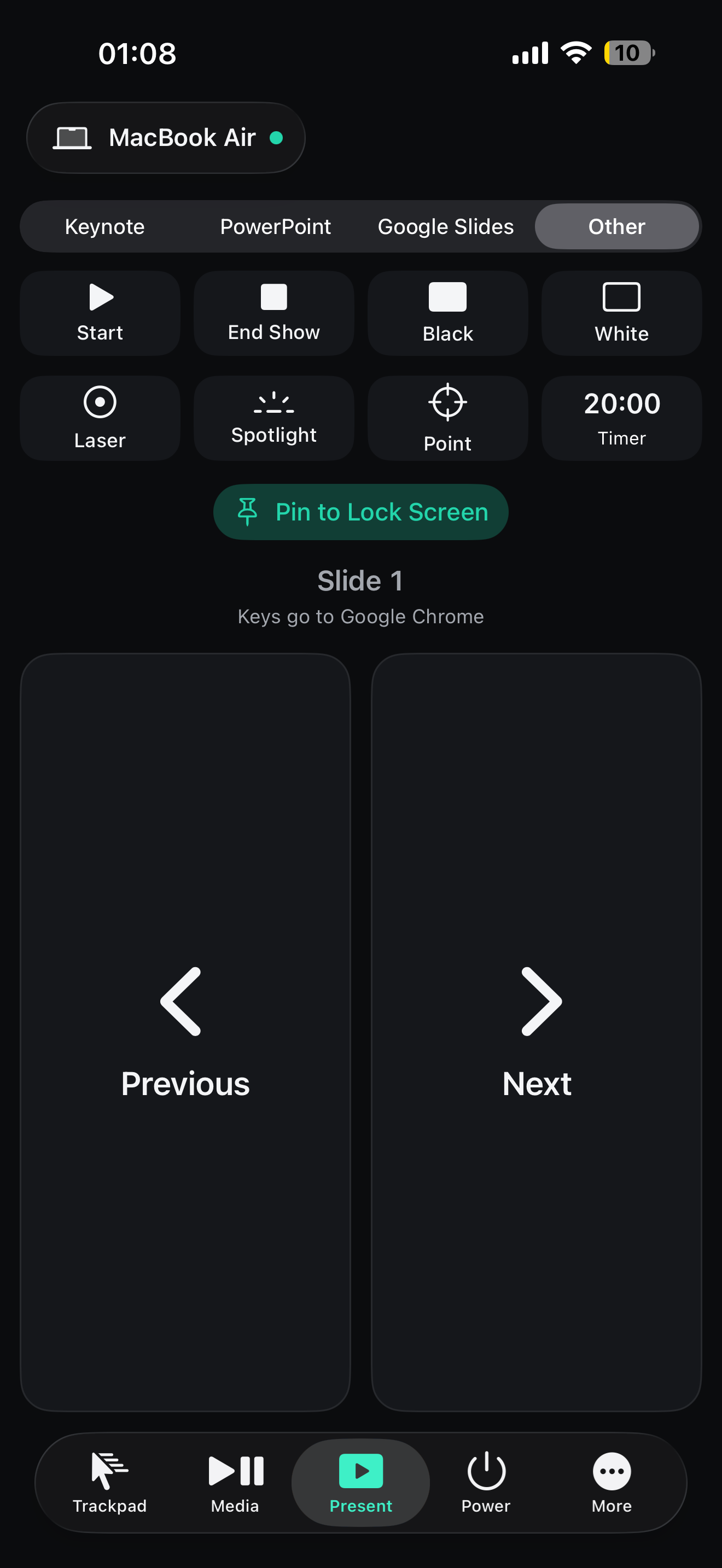 Pilot Present screen with Keynote, PowerPoint and Google Slides panels and Previous and Next buttons